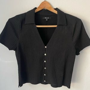 Madewell Black Cropped Crinkled Y-Neck Button Down, Medium